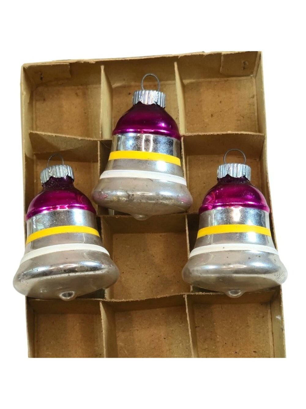 Vintage Shiny Brites Bell Ornaments lot of 3 Mercury Glass pink yellow silver